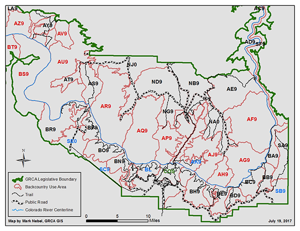 Map of Backcountry Use Areas and Classifications at Grand Canyon National Park